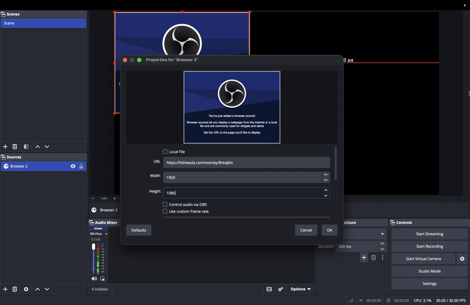 OBS Browser Source properties with the Followula overlay URL entered, width 1920 and height 1080