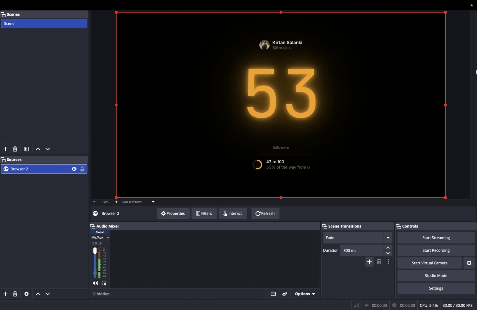 OBS canvas showing the live Followula follower counter for @Breajklo with 53 followers and progress toward 100
